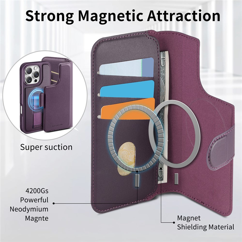 CASENEO For iPhone 16 Pro Magnetic Case RFID Blocking Wallet Detachable Leather Phone Cover with Wristband