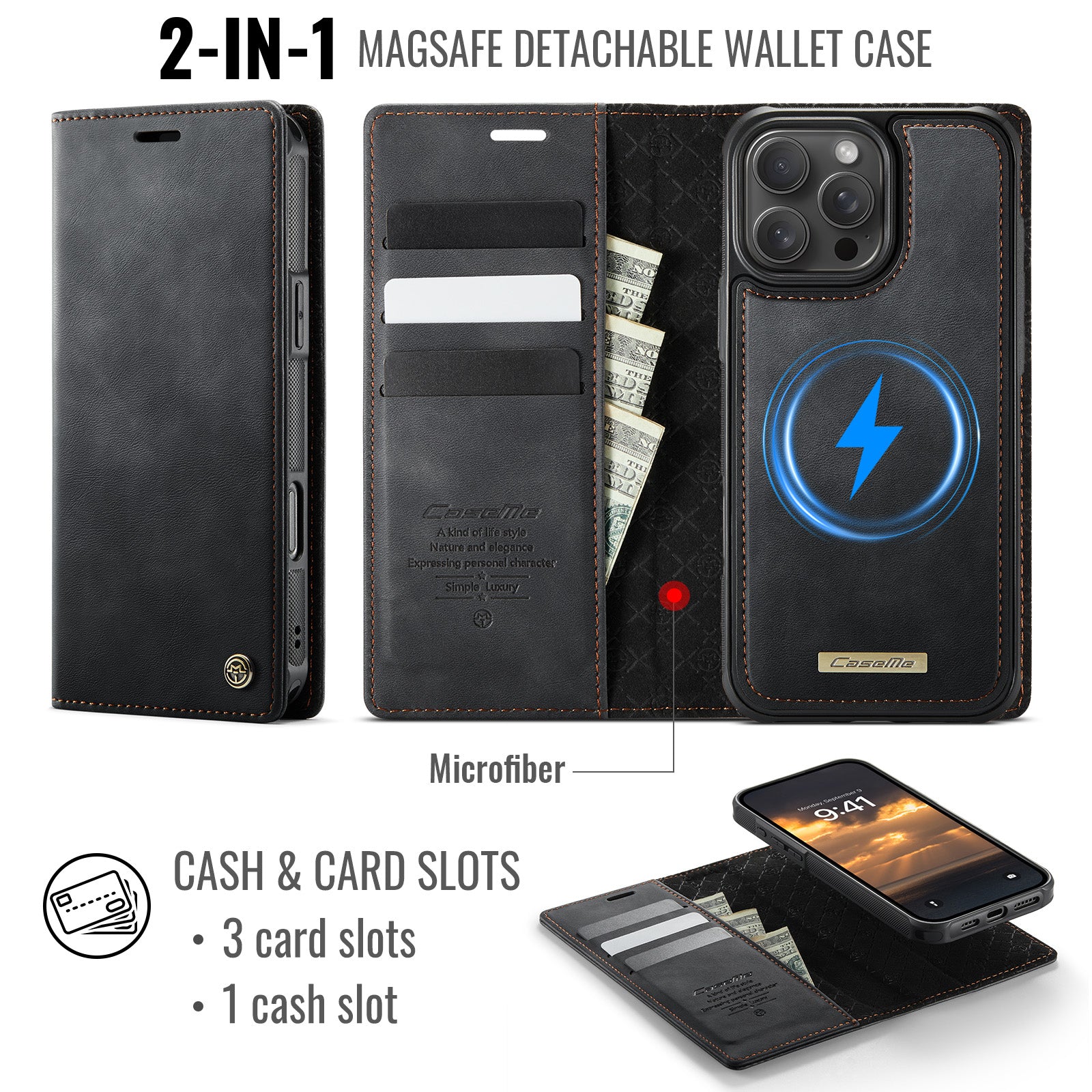 CASEME For iPhone 16 Pro Case  C49  Compatible with MagSafe RFID Blocking Detachable Wallet Leather Phone Cover