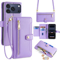 For iPhone 17 Pro Leather Case Zipper Pocket Wallet Phone Cover with 2 Straps