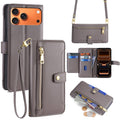 For iPhone 17 Pro Max Leather Case Zipper Pocket Wallet Phone Cover with 2 Straps