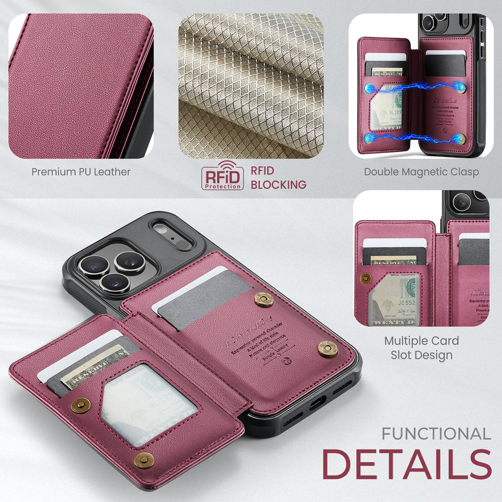 CASEME For iPhone 18 Pro / 17 Pro Case with RFID Blocking 5 Card Slots  C22 Leather Back Cover
