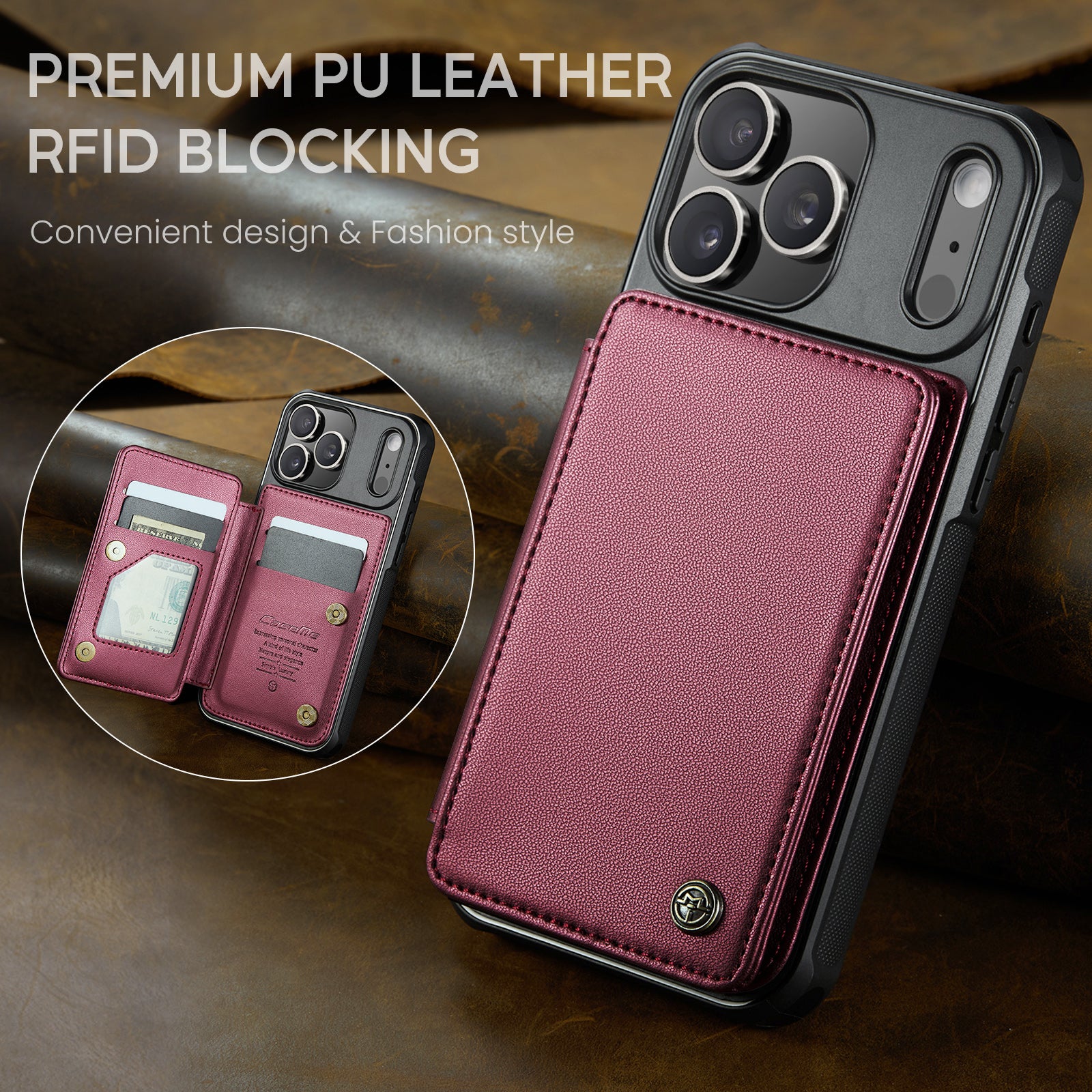 CASEME For iPhone 18 Pro / 17 Pro Case with RFID Blocking 5 Card Slots  C22 Leather Back Cover