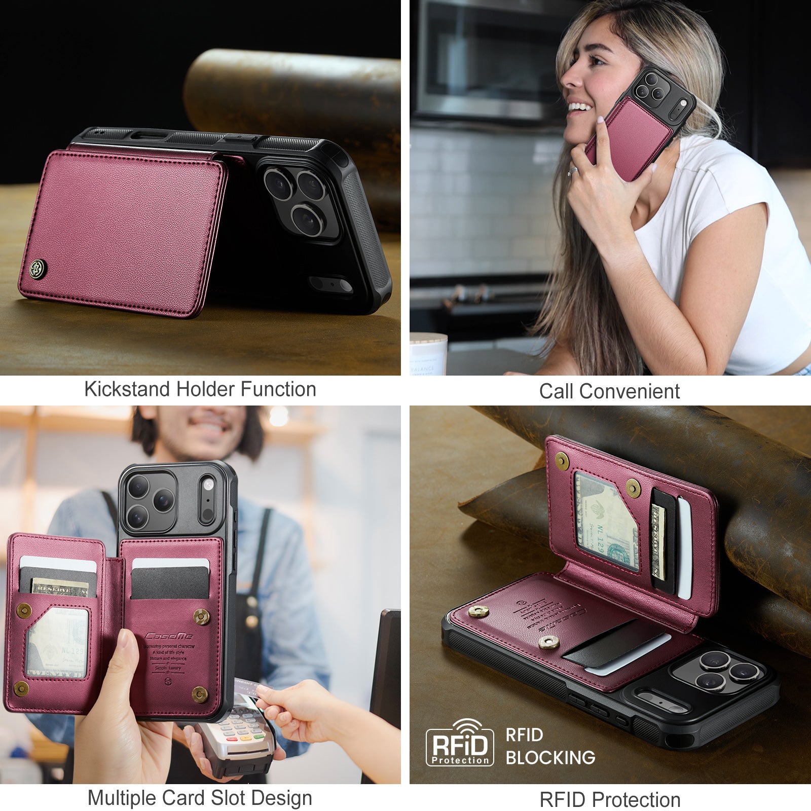 CASEME For iPhone 18 Pro / 17 Pro Case with RFID Blocking 5 Card Slots  C22 Leather Back Cover