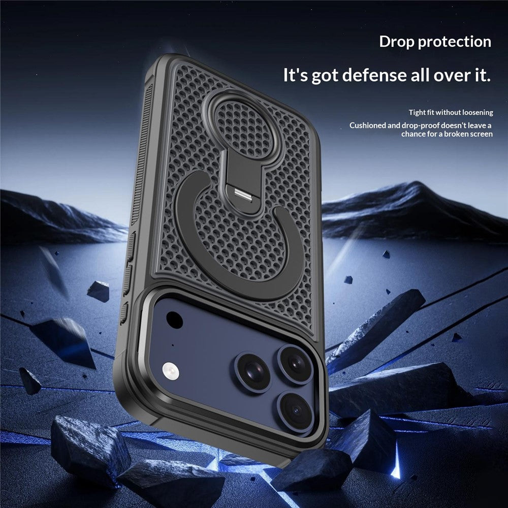 For iPhone 17 Pro Max Magnetic Case with 360° Rotating Ring Kickstand Heat Dissipation Honeycomb PC TPU Cover Compatible with Magsafe
