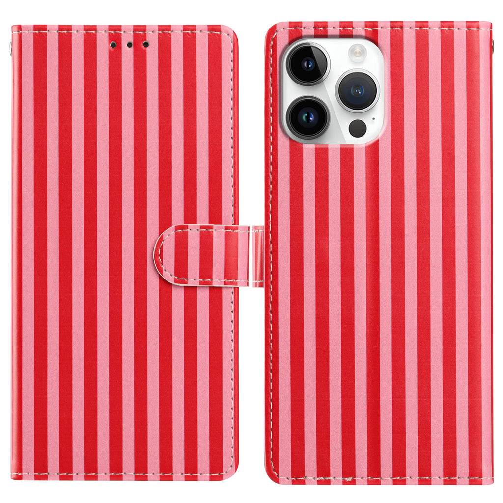 For iPhone 15 Pro Wallet Case Vintage Stripes Leather Stand Flip Phone Cover with Wrist Strap