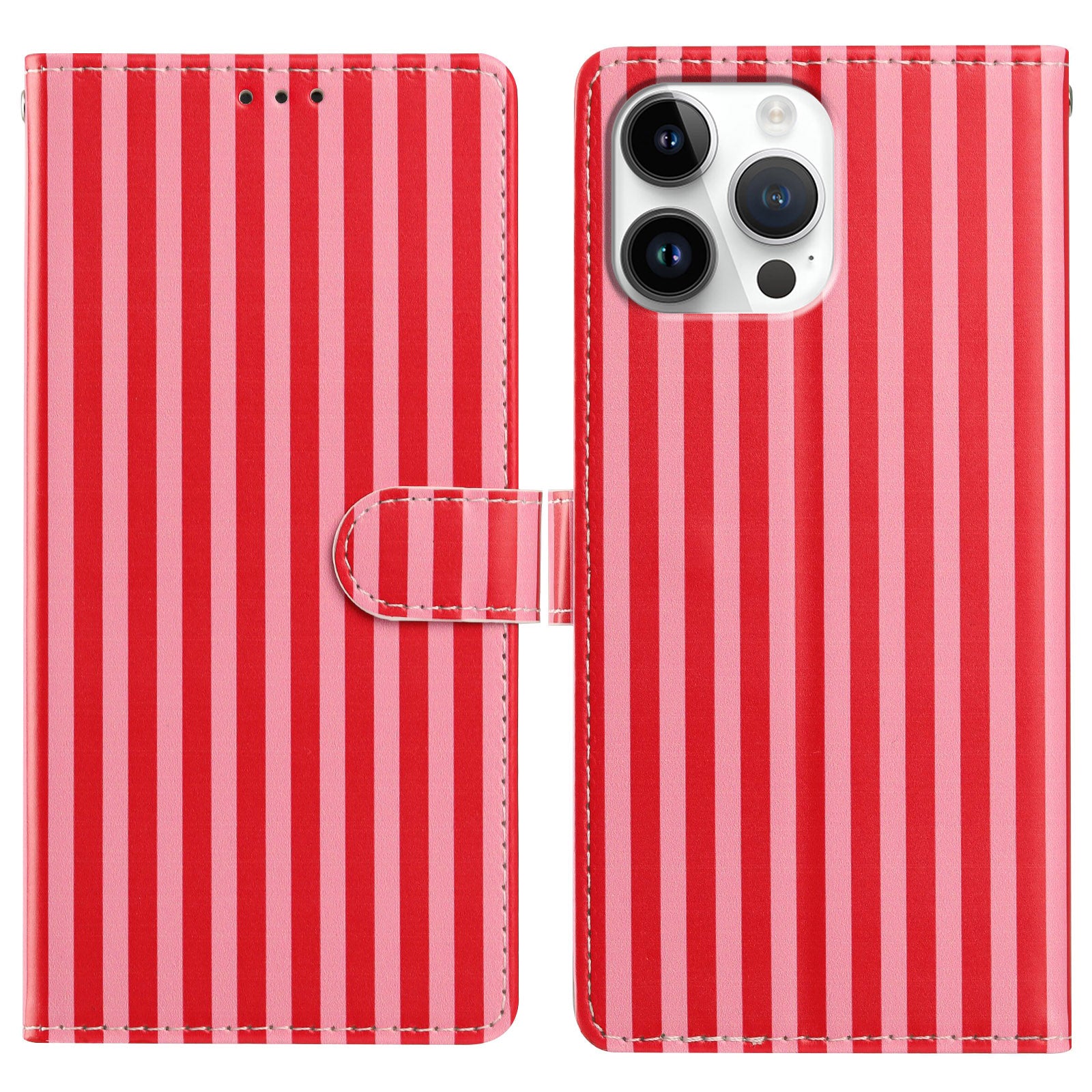 For iPhone 15 Pro Wallet Case Vintage Stripes Leather Stand Flip Phone Cover with Wrist Strap