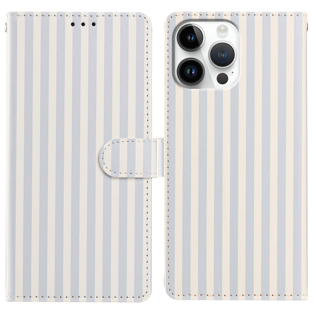 For iPhone 15 Pro Wallet Case Vintage Stripes Leather Stand Flip Phone Cover with Wrist Strap