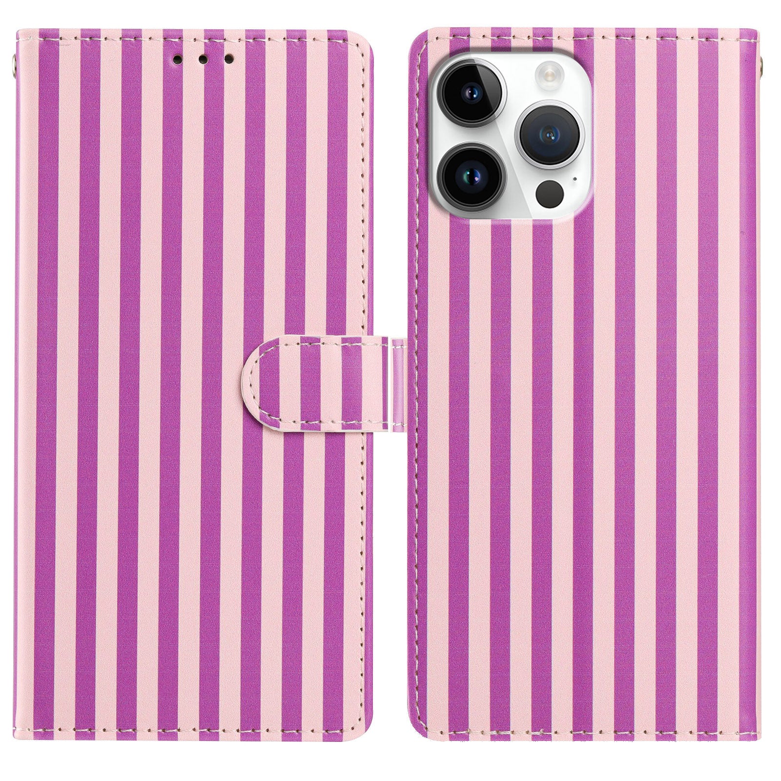 For iPhone 15 Pro Wallet Case Vintage Stripes Leather Stand Flip Phone Cover with Wrist Strap