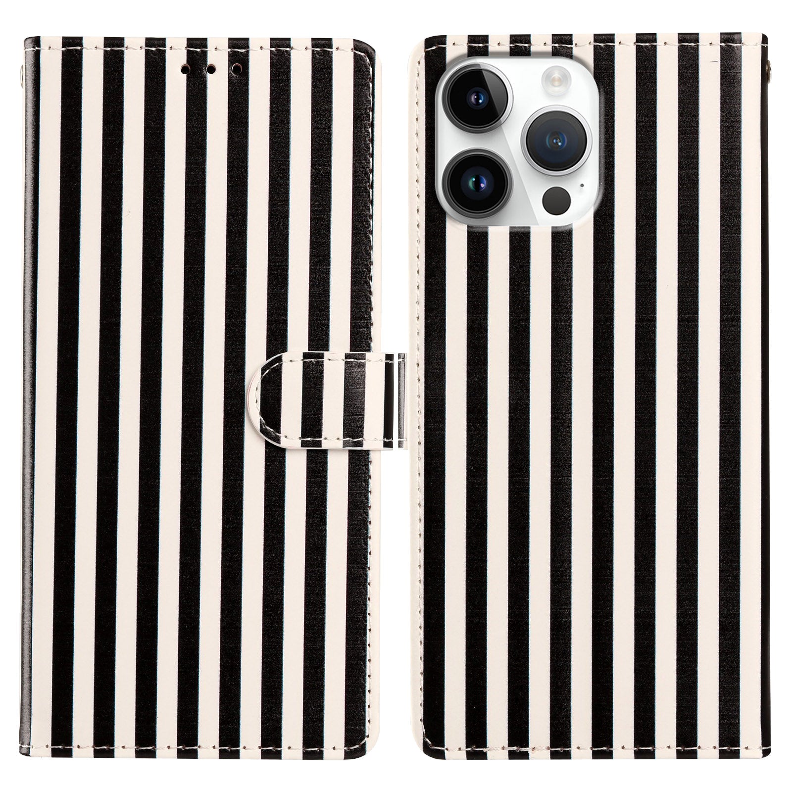 For iPhone 16 Pro Wallet Case Vintage Stripes Leather Stand Flip Phone Cover with Wrist Strap