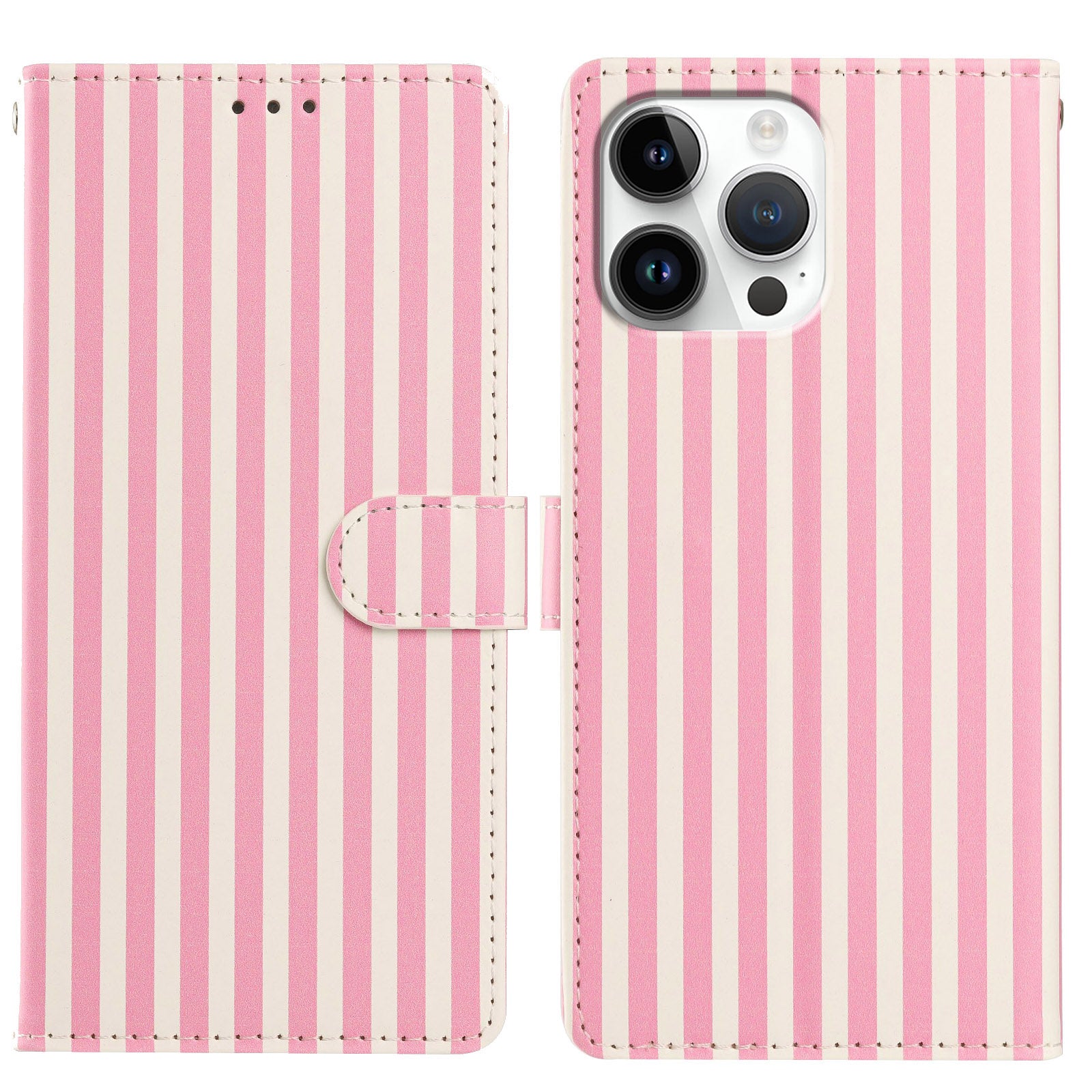 For iPhone 16 Pro Wallet Case Vintage Stripes Leather Stand Flip Phone Cover with Wrist Strap