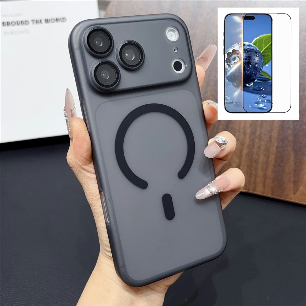 For iPhone 17 Pro Magnetic Case with Camera Lens Protector Matte PC Shockproof Phone Cover + Tempered Glass Screen Protector