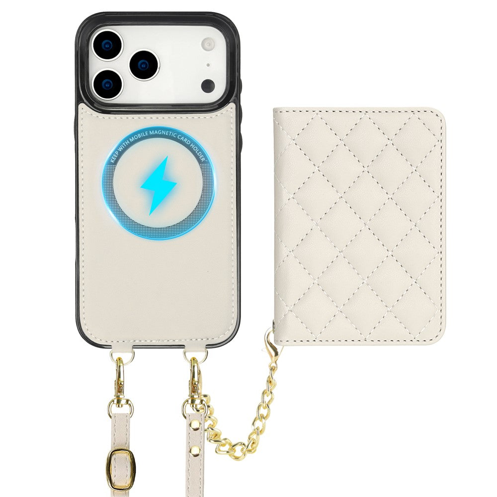 For iPhone 17 Pro Max Magnetic Case Detachable Card Holder Kickstand PU Leather Phone Back Cover with Wrist Strap + Long Strap