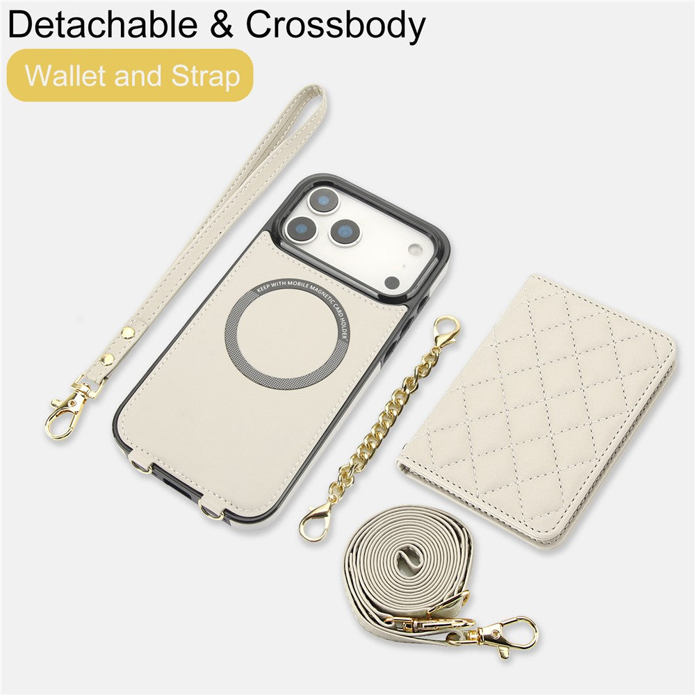For iPhone 17 Pro Max Magnetic Case Detachable Card Holder Kickstand PU Leather Phone Back Cover with Wrist Strap + Long Strap