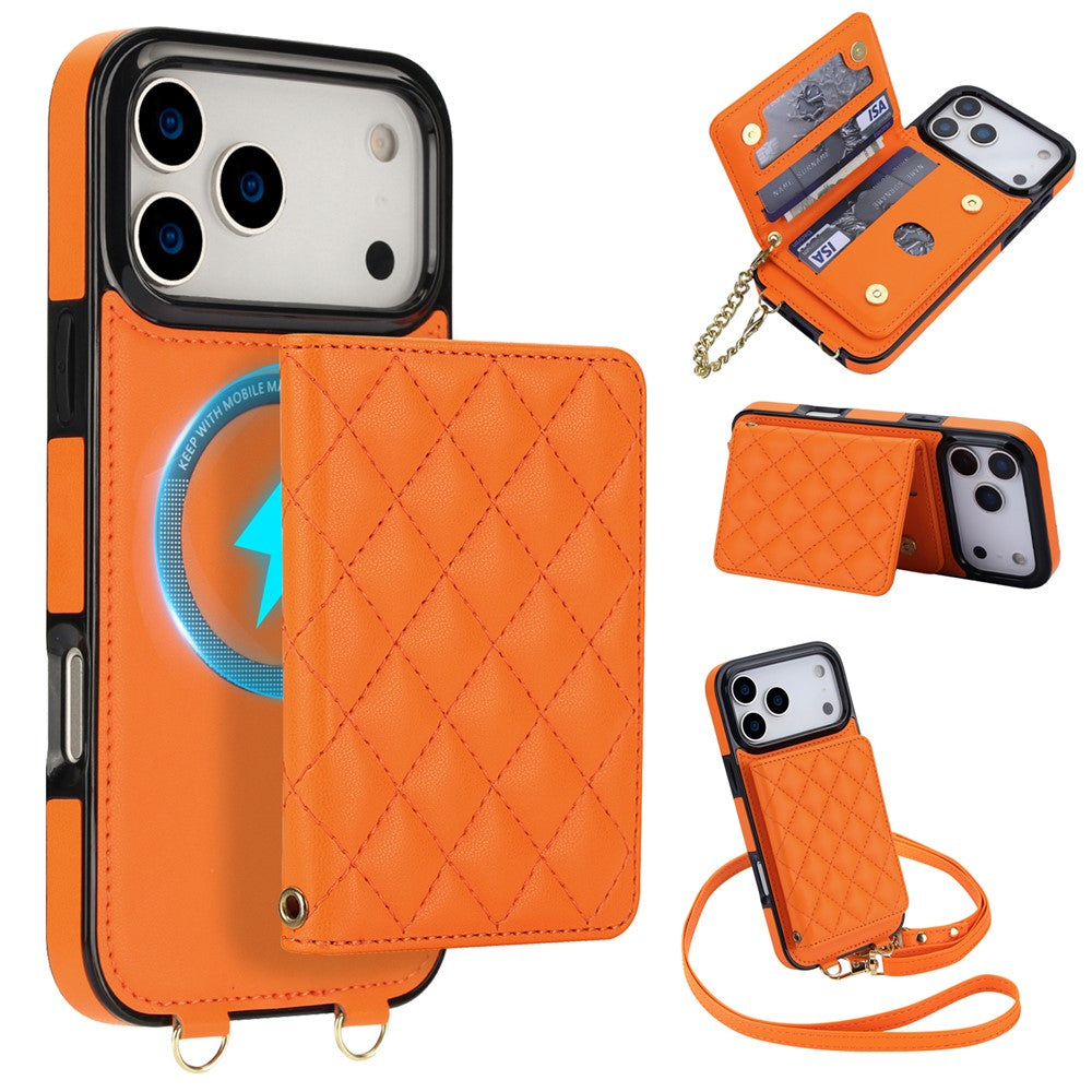 For iPhone 17 Pro Max Magnetic Case Detachable Card Holder Kickstand PU Leather Phone Back Cover with Wrist Strap + Long Strap