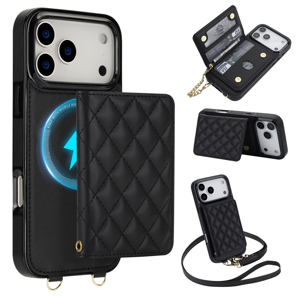 For iPhone 17 Pro Max Magnetic Case Detachable Card Holder Kickstand PU Leather Phone Back Cover with Wrist Strap + Long Strap