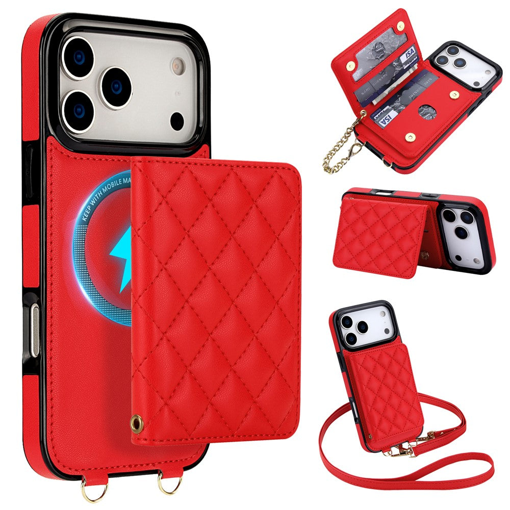 For iPhone 17 Pro Max Magnetic Case Detachable Card Holder Kickstand PU Leather Phone Back Cover with Wrist Strap + Long Strap