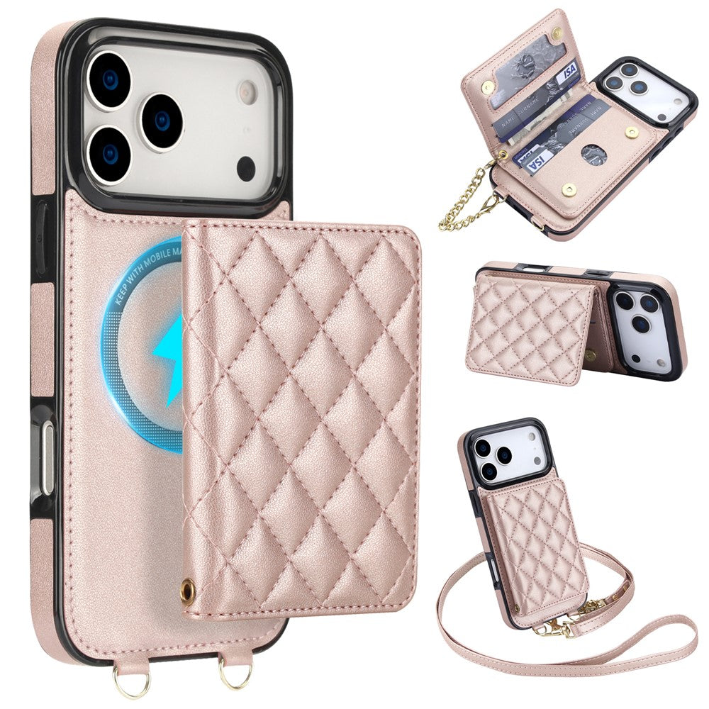 For iPhone 17 Pro Max Magnetic Case Detachable Card Holder Kickstand PU Leather Phone Back Cover with Wrist Strap + Long Strap