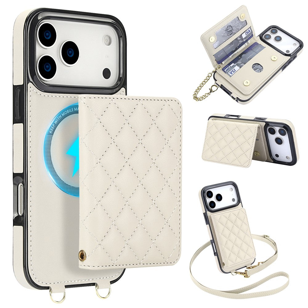 For iPhone 17 Pro Magnetic Case Detachable Card Holder Kickstand PU Leather Phone Back Cover with Wrist Strap + Long Strap