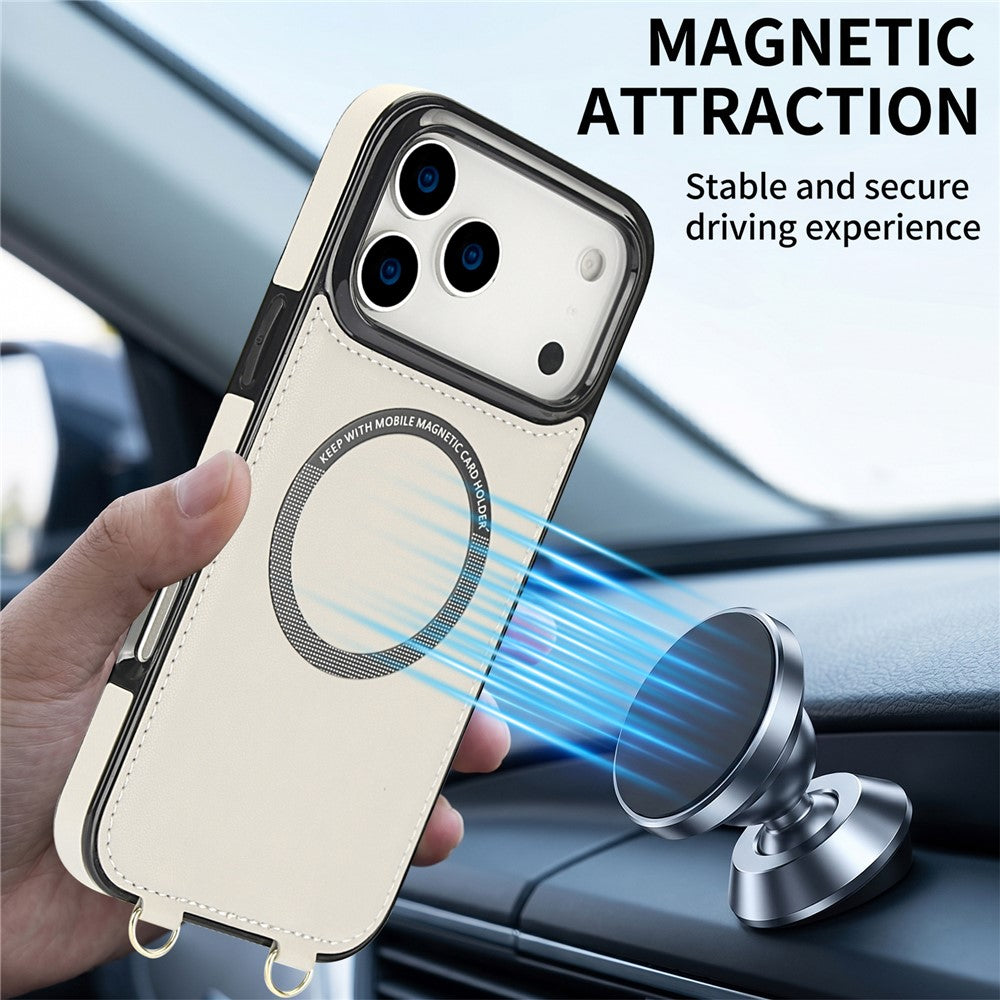For iPhone 17 Pro Magnetic Case Detachable Card Holder Kickstand PU Leather Phone Back Cover with Wrist Strap + Long Strap