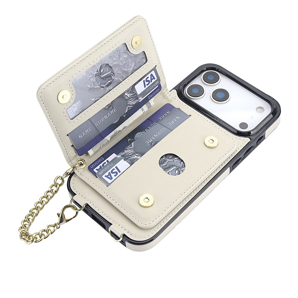 For iPhone 17 Pro Magnetic Case Detachable Card Holder Kickstand PU Leather Phone Back Cover with Wrist Strap + Long Strap