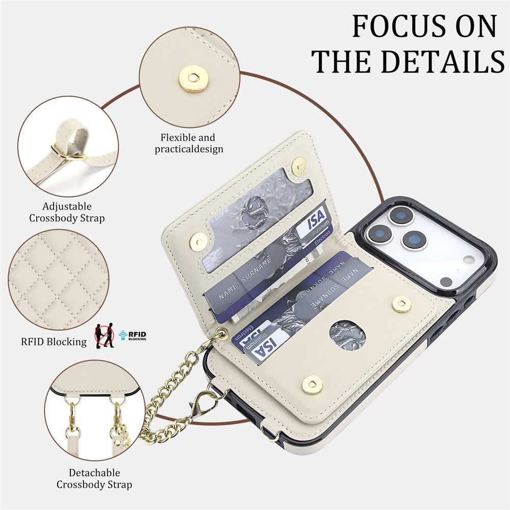 For iPhone 17 Pro Magnetic Case Detachable Card Holder Kickstand PU Leather Phone Back Cover with Wrist Strap + Long Strap