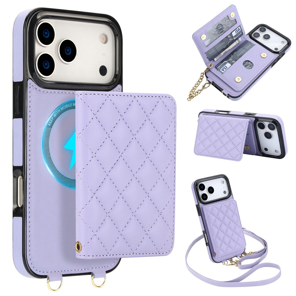 For iPhone 17 Pro Magnetic Case Detachable Card Holder Kickstand PU Leather Phone Back Cover with Wrist Strap + Long Strap