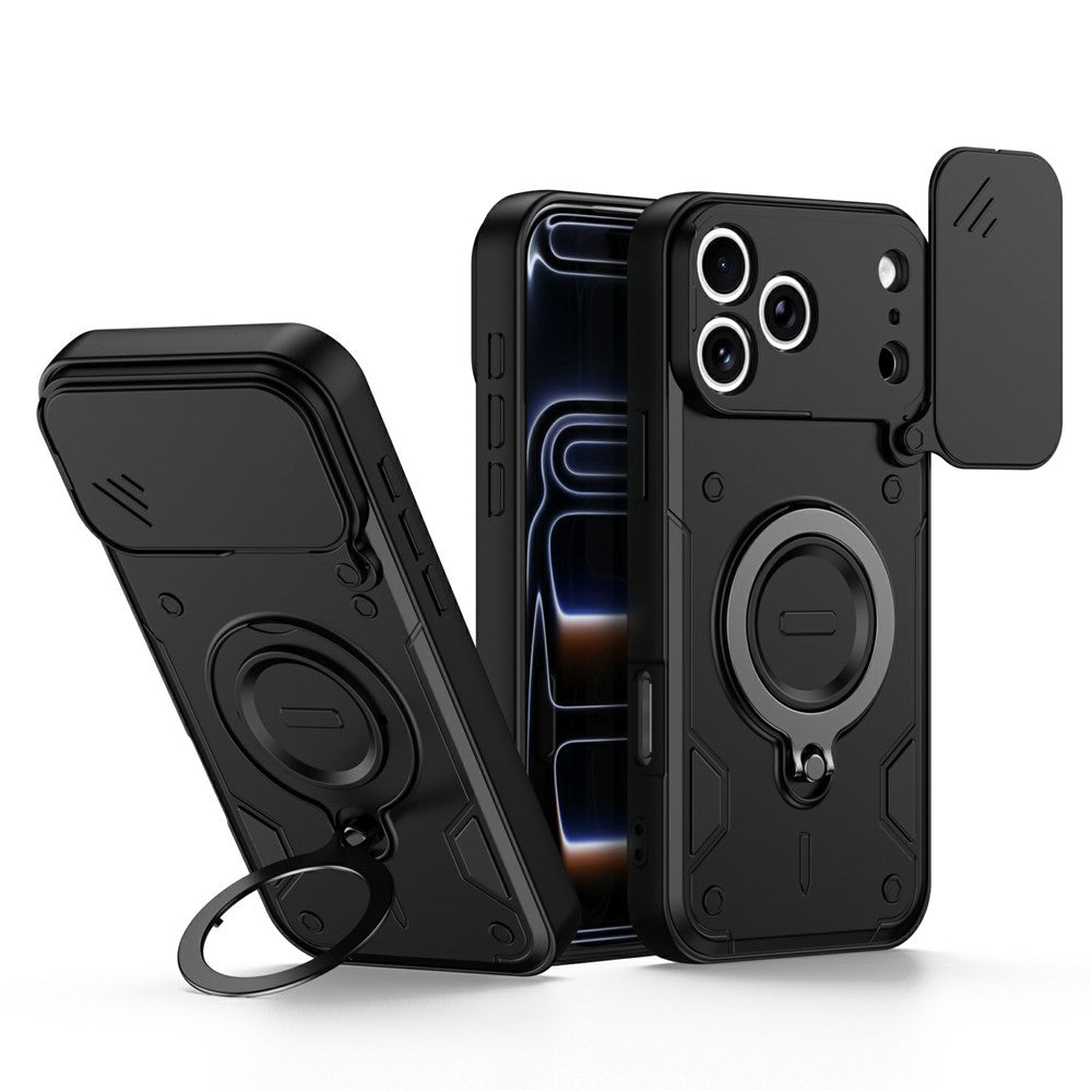 For iPhone 17 Pro Case with Slide Lens Cover Rotatable Kickstand Shockproof TPU + PC Phone Shell