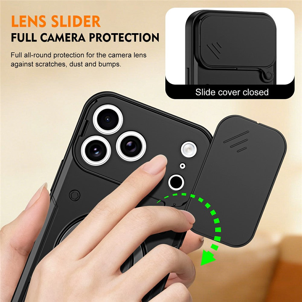 For iPhone 17 Pro Case with Slide Lens Cover Rotatable Kickstand Shockproof TPU + PC Phone Shell