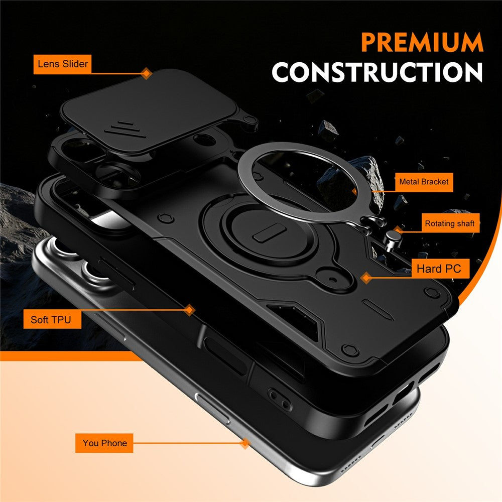 For iPhone 17 Pro Case with Slide Lens Cover Rotatable Kickstand Shockproof TPU + PC Phone Shell