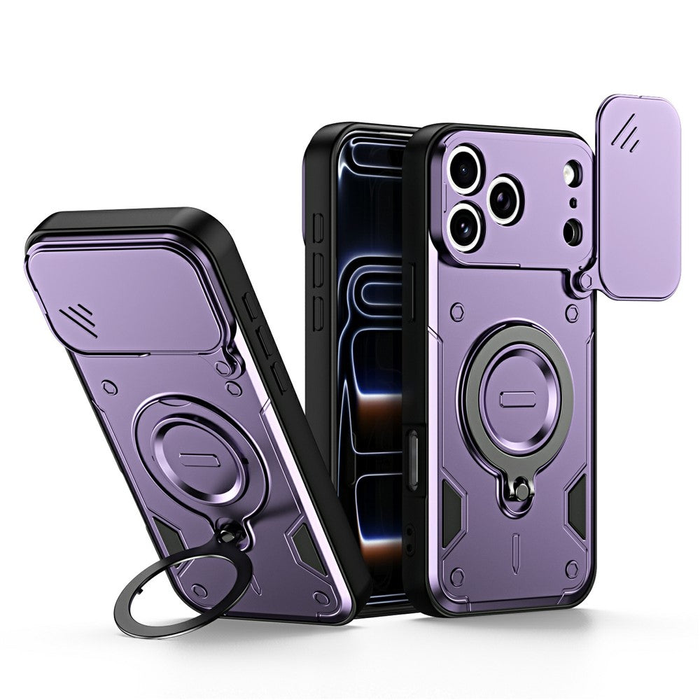 For iPhone 17 Pro Case with Slide Lens Cover Rotatable Kickstand Shockproof TPU + PC Phone Shell