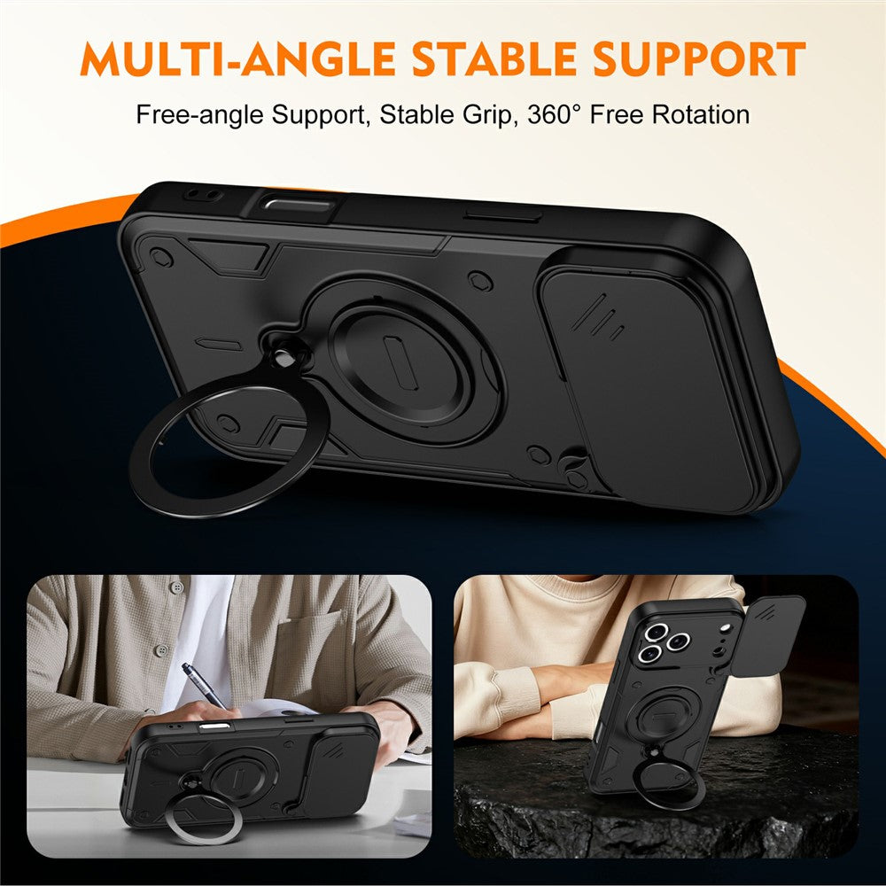 For iPhone 17 Pro Max Case with Slide Lens Cover Rotatable Kickstand Shockproof TPU + PC Phone Shell