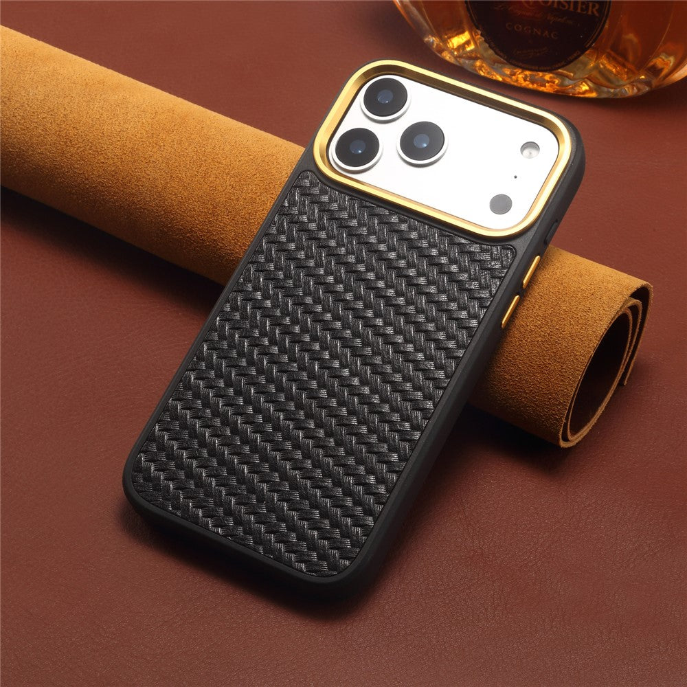 DENIOR A26+1 For iPhone 17 Pro Magnetic Case Woven Texture Genuine Cow Leather Coated PC TPU Phone Cover with Metal Lens Frame