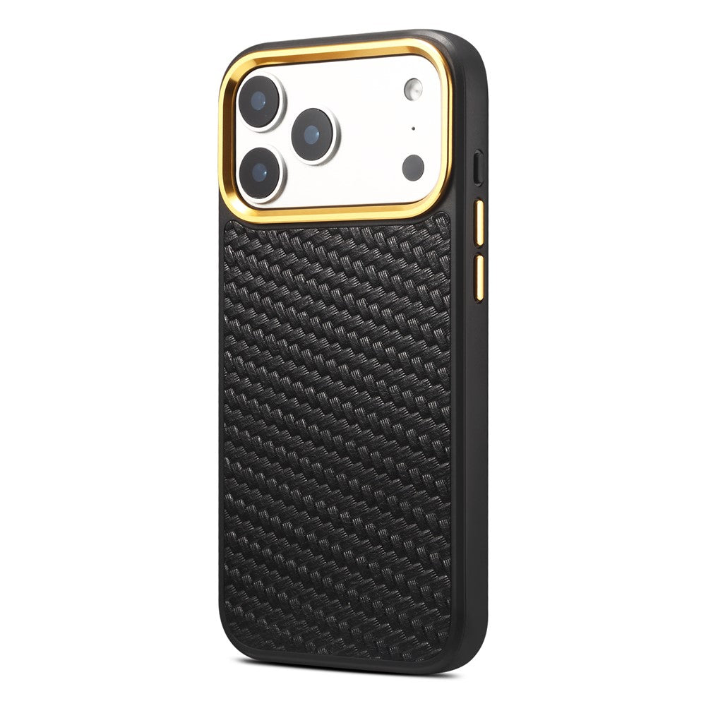DENIOR A26+1 For iPhone 17 Pro Magnetic Case Woven Texture Genuine Cow Leather Coated PC TPU Phone Cover with Metal Lens Frame