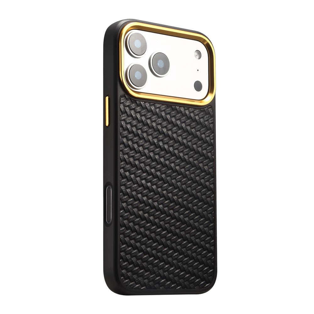 DENIOR A26+1 For iPhone 17 Pro Magnetic Case Woven Texture Genuine Cow Leather Coated PC TPU Phone Cover with Metal Lens Frame