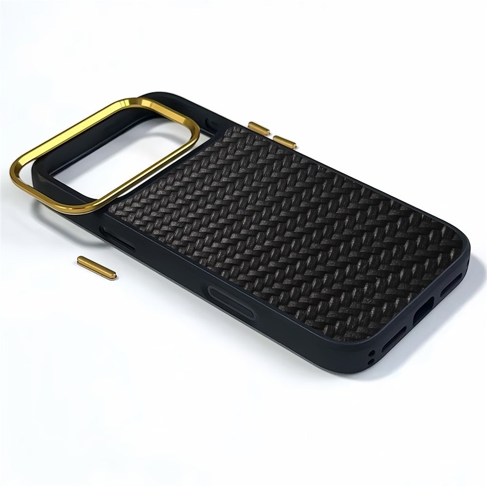 DENIOR A26+1 For iPhone 17 Pro Magnetic Case Woven Texture Genuine Cow Leather Coated PC TPU Phone Cover with Metal Lens Frame