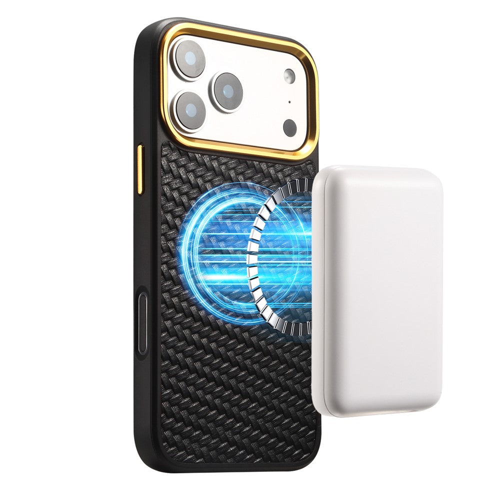 DENIOR A26+1 For iPhone 17 Pro Magnetic Case Woven Texture Genuine Cow Leather Coated PC TPU Phone Cover with Metal Lens Frame