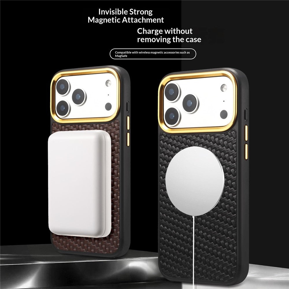 DENIOR A26+1 For iPhone 17 Pro Magnetic Case Woven Texture Genuine Cow Leather Coated PC TPU Phone Cover with Metal Lens Frame