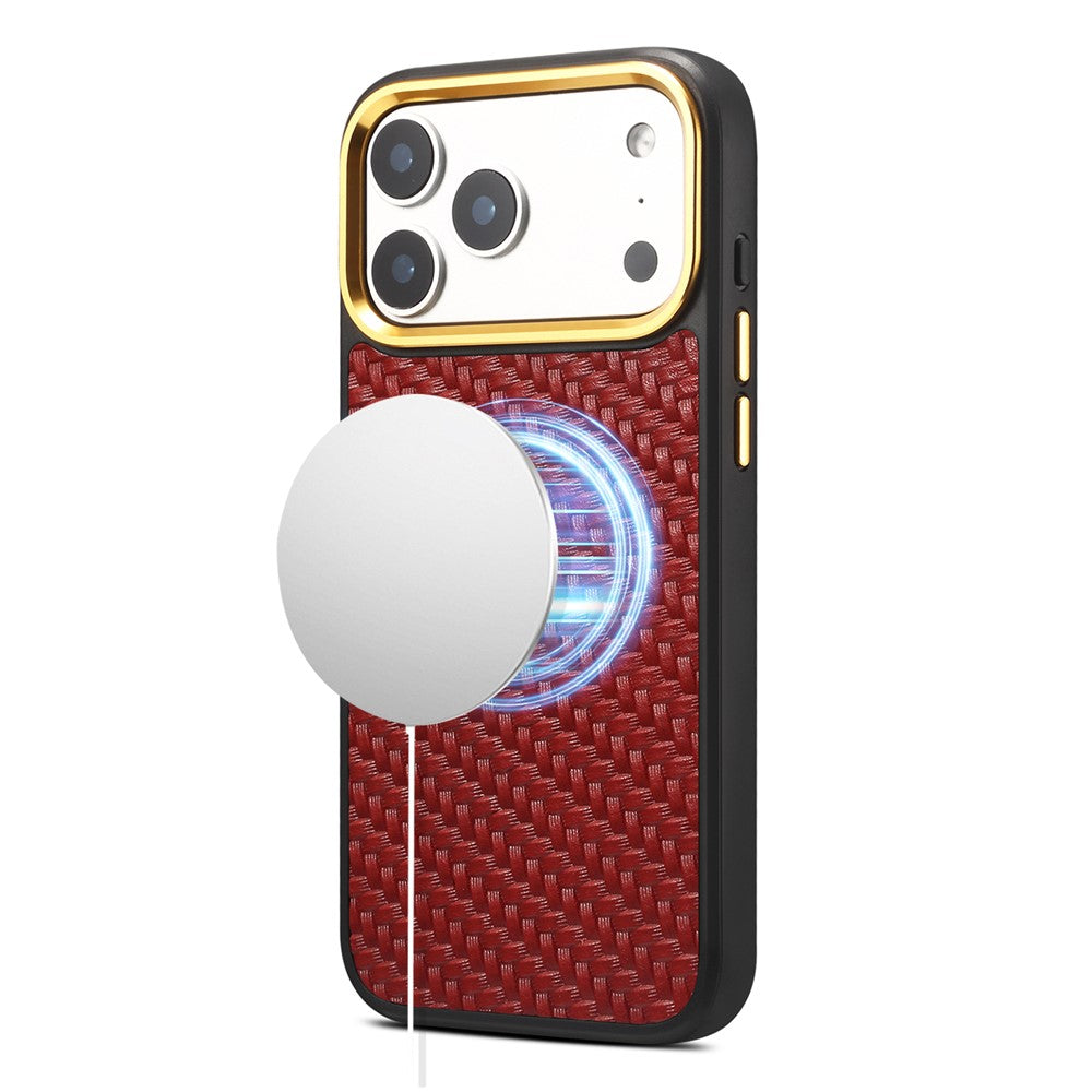 DENIOR A26+1 For iPhone 17 Pro Magnetic Case Woven Texture Genuine Cow Leather Coated PC TPU Phone Cover with Metal Lens Frame