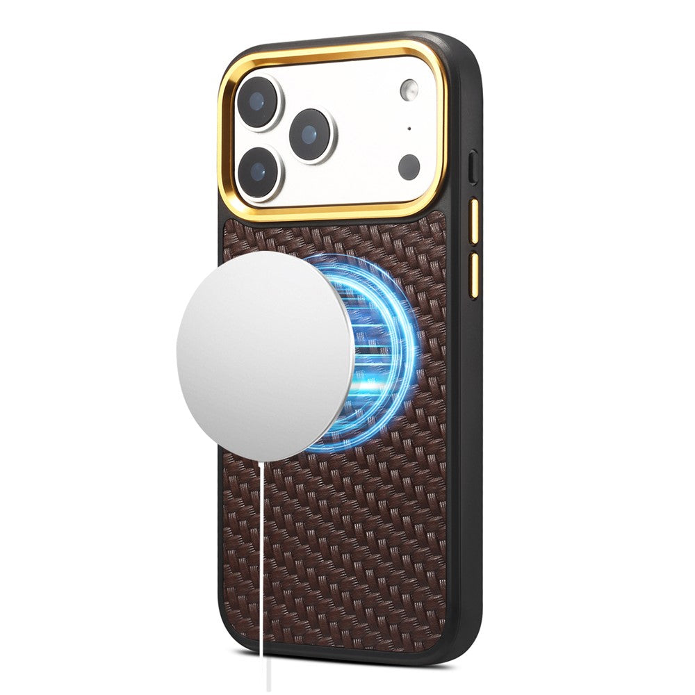 DENIOR A26+1 For iPhone 17 Pro Magnetic Case Woven Texture Genuine Cow Leather Coated PC TPU Phone Cover with Metal Lens Frame