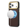 DENIOR A26+1 For iPhone 17 Pro Magnetic Case Woven Texture Genuine Cow Leather Coated PC TPU Phone Cover with Metal Lens Frame