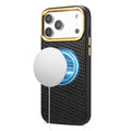 DENIOR A26+1 For iPhone 17 Pro Max Magnetic Case Woven Texture Genuine Cow Leather Coated PC TPU Phone Cover with Metal Lens Frame