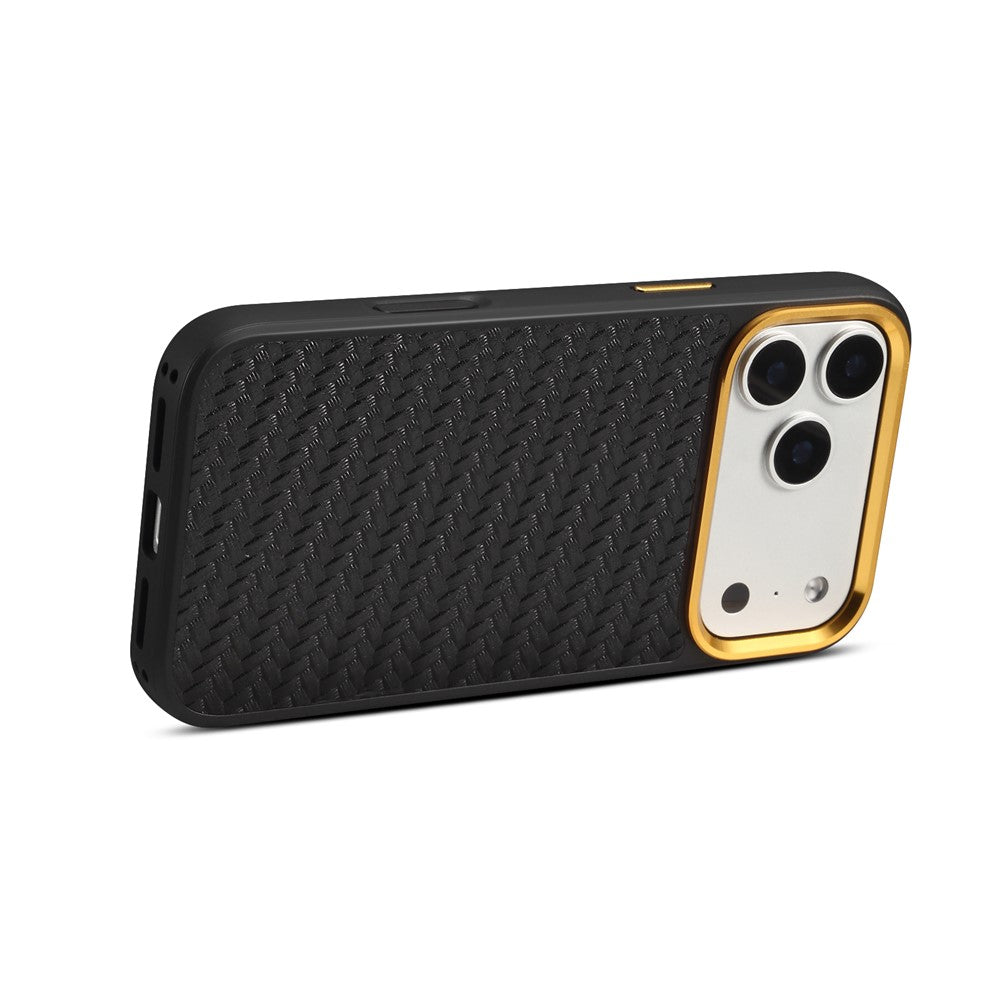 DENIOR A26+1 For iPhone 17 Pro Max Magnetic Case Woven Texture Genuine Cow Leather Coated PC TPU Phone Cover with Metal Lens Frame