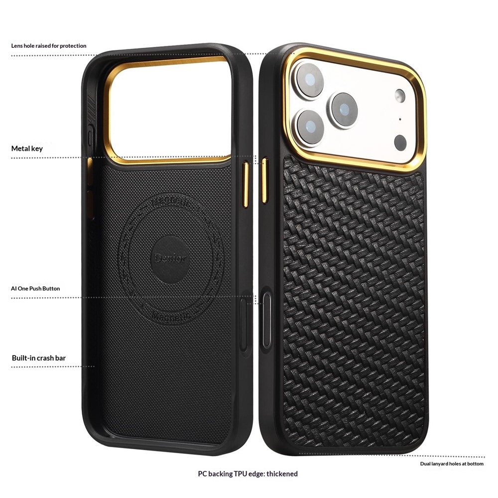 DENIOR A26+1 For iPhone 17 Pro Max Magnetic Case Woven Texture Genuine Cow Leather Coated PC TPU Phone Cover with Metal Lens Frame