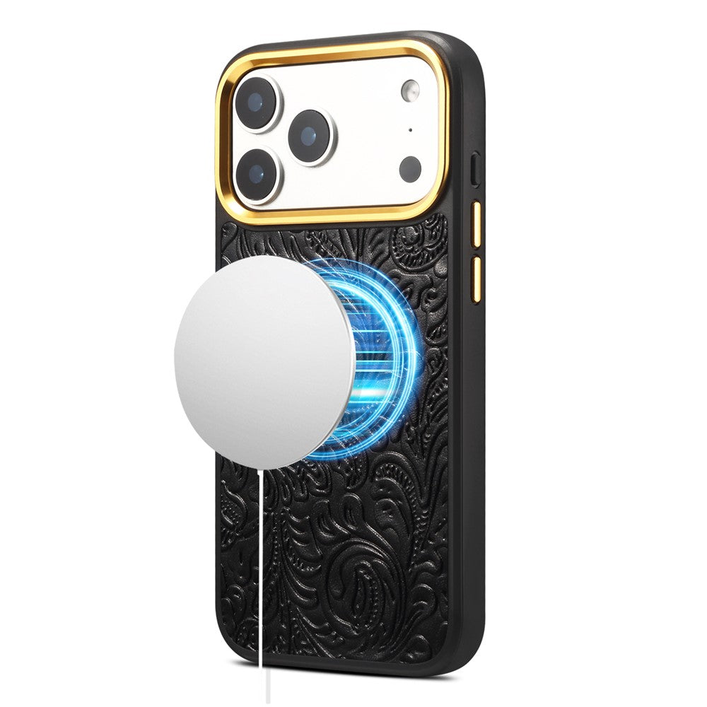 DENIOR A26+2 For iPhone 17 Pro Magnetic Case Retro Embossed Flower Genuine Cow Leather Coated PC + TPU Phone Cover with Metal Lens Frame