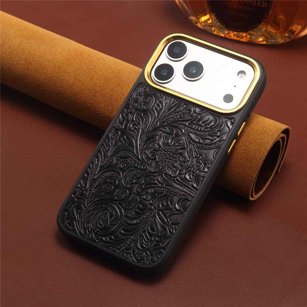 DENIOR A26+2 For iPhone 17 Pro Magnetic Case Retro Embossed Flower Genuine Cow Leather Coated PC + TPU Phone Cover with Metal Lens Frame