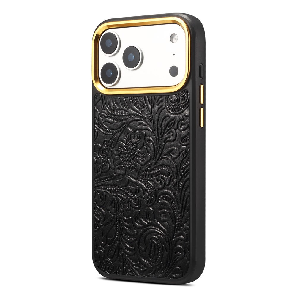 DENIOR A26+2 For iPhone 17 Pro Magnetic Case Retro Embossed Flower Genuine Cow Leather Coated PC + TPU Phone Cover with Metal Lens Frame