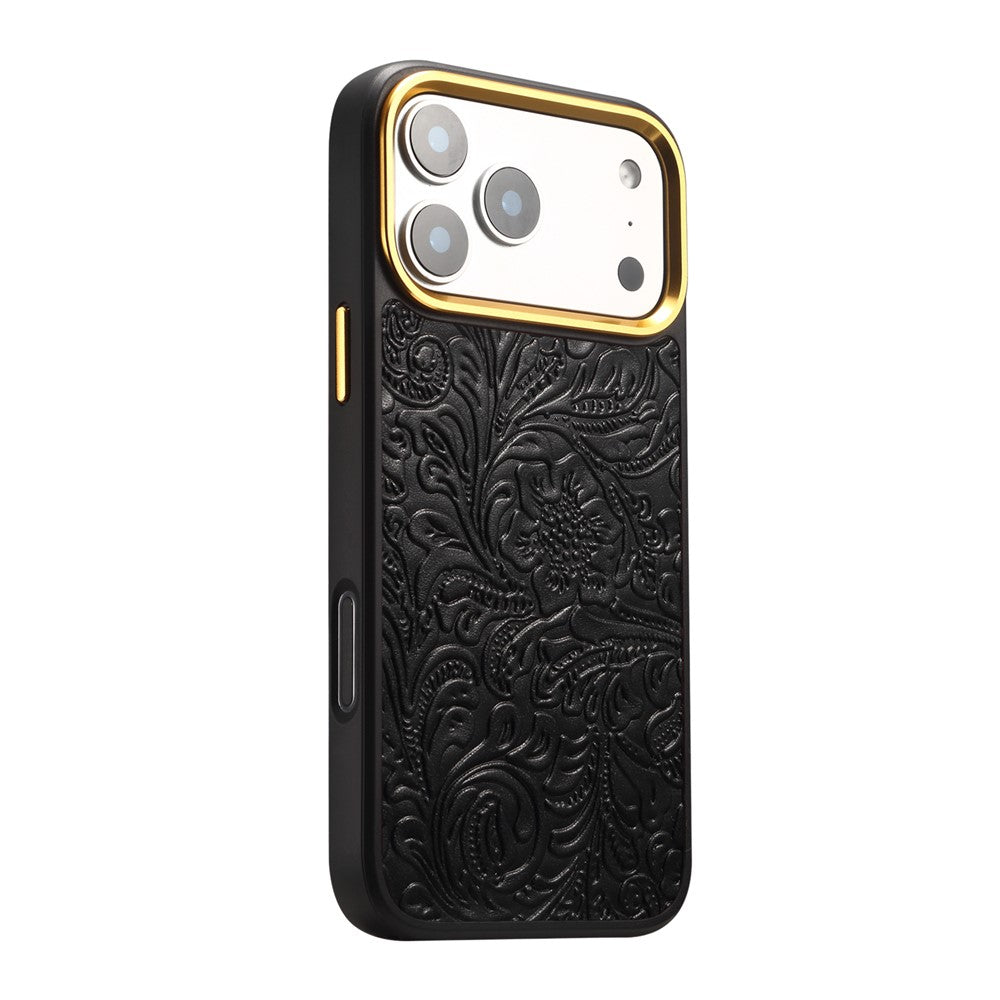 DENIOR A26+2 For iPhone 17 Pro Magnetic Case Retro Embossed Flower Genuine Cow Leather Coated PC + TPU Phone Cover with Metal Lens Frame