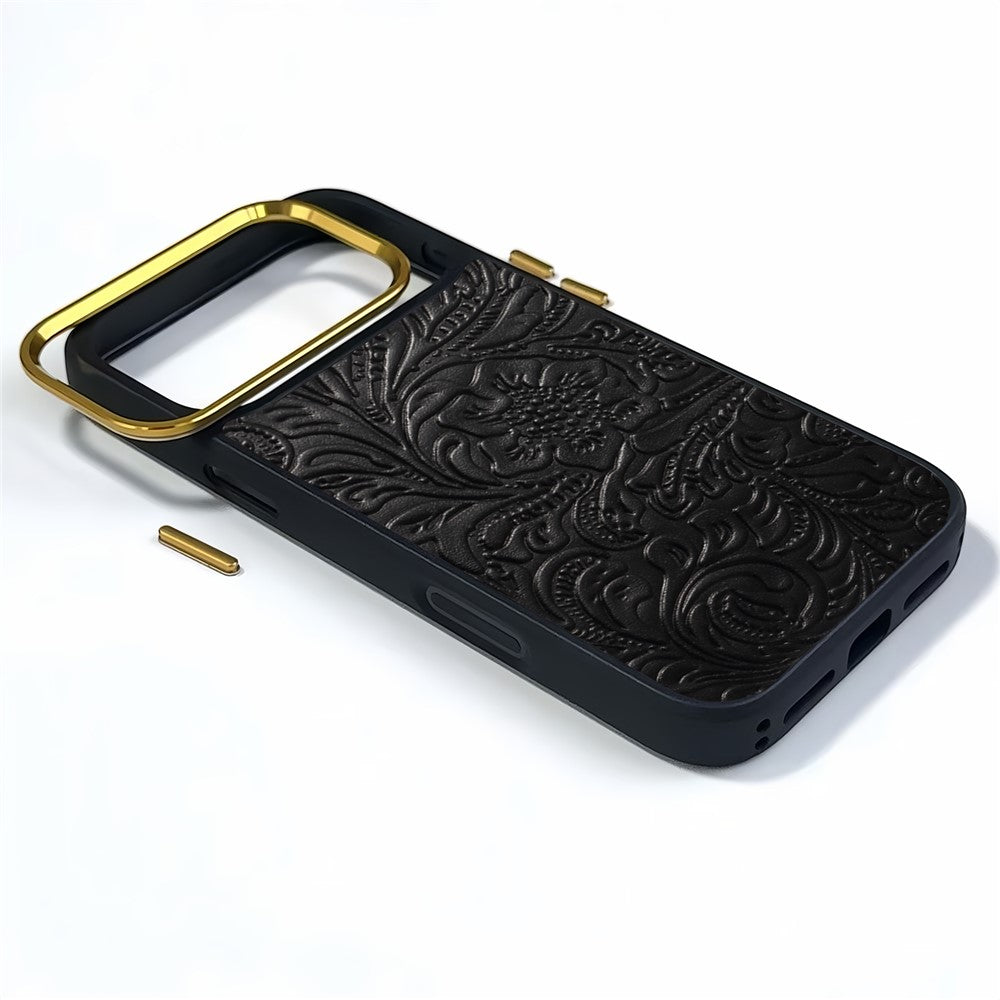 DENIOR A26+2 For iPhone 17 Pro Magnetic Case Retro Embossed Flower Genuine Cow Leather Coated PC + TPU Phone Cover with Metal Lens Frame