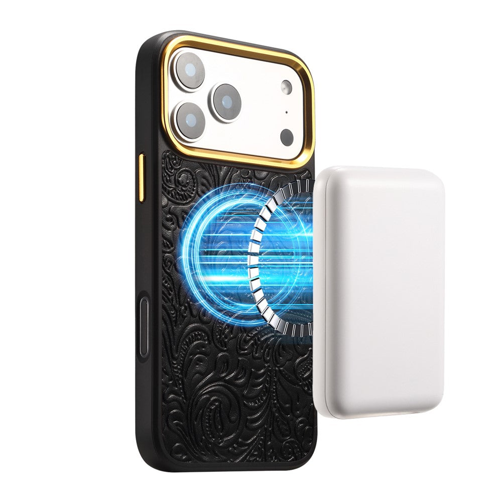 DENIOR A26+2 For iPhone 17 Pro Magnetic Case Retro Embossed Flower Genuine Cow Leather Coated PC + TPU Phone Cover with Metal Lens Frame
