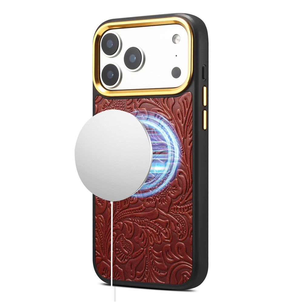DENIOR A26+2 For iPhone 17 Pro Magnetic Case Retro Embossed Flower Genuine Cow Leather Coated PC + TPU Phone Cover with Metal Lens Frame